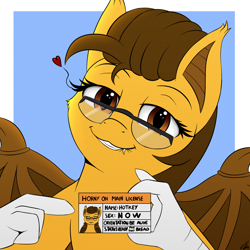 Size: 2000x2000 | Tagged: safe, artist:h3nger, derpibooru import, oc, oc only, oc:hotkey, bat pony, hybrid, pony, bat pony oc, bat wings, claws, female, glasses, id card, lip bite, solo, wings