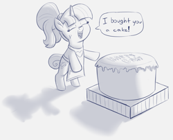 Size: 2375x1916 | Tagged: safe, artist:heretichesh, derpibooru import, oc, oc:zippi, pony, unicorn, apron, birthday, birthday cake, cake, clothes, dialogue, female, filly, food, solo, text