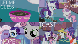 Size: 2000x1125 | Tagged: safe, derpibooru import, edit, edited screencap, editor:quoterific, screencap, cookie crumbles, hondo flanks, rarity, sweetie belle, pony, unicorn, sisterhooves social, cooking, eyes closed, female, food, hat, liquid toast, male, open mouth, sweetie belle can't cook, sweetie fail, teeth