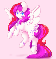 Size: 1800x1888 | Tagged: safe, artist:m1lkycloud, derpibooru import, oc, oc:mizhore, pegasus, pony, female, mare, pink background, simple background, solo