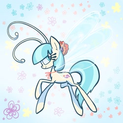 Size: 2048x2048 | Tagged: safe, artist:pfeffaroo, derpibooru import, coco pommel, breezie, abstract background, breeziefied, female, high res, profile, smiling, solo, species swap, spread wings, wings