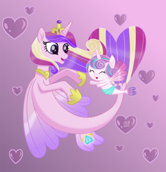 Size: 800x825 | Tagged: safe, artist:spring-heart, derpibooru import, princess cadance, princess flurry heart, alicorn, pony, seapony (g4), bubble, clothes, crown, cute, cutedance, dorsal fin, duo, eyes closed, female, fin wings, fish tail, flowing mane, flowing tail, heart, heart bubbles, hoof shoes, horn, jewelry, mother and child, mother and daughter, necklace, open mouth, open smile, parent and child, pink background, purple eyes, regalia, seaponified, seapony cadance, seapony flurry heart, see-through, signature, simple background, smiling, species swap, swimming, tail, underwater, wings