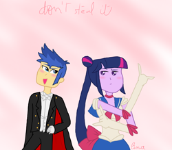 Size: 4096x3585 | Tagged: safe, artist:egtwiflash, derpibooru import, flash sentry, twilight sparkle, equestria girls, art, brad, clothes, female, flashlight, male, outfit, ponytail, sailor moon, shipping, straight, tuxedo mask