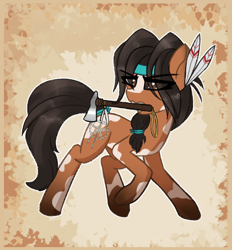 Size: 880x950 | Tagged: safe, artist:shepardinthesky, ponerpics import, oc, oc only, oc:sparrow dreams, pony, axe, colored sketch, feather, feather in hair, headband, mottled coat, mouth hold, ponytail, raised hoof, raised leg, simple background, sketch, solo, tail wrap, tomahawk, weapon