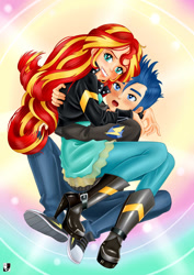 Size: 1000x1414 | Tagged: safe, artist:lord--opal, derpibooru import, flash sentry, sunset shimmer, equestria girls, blushing, clothes, female, flashimmer, human coloration, jacket, leather jacket, male, open mouth, shipping, smiling, straight