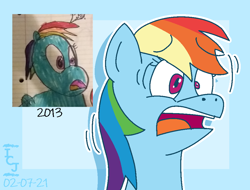 Size: 964x734 | Tagged: safe, artist:icecreamjaxxie, derpibooru import, rainbow dash, pegasus, pony, 2013, art evolution, digital art, expression, lined paper, marker drawing, mismatched eyes, redraw, scared, scaredy dash, screaming, shaking in fear, traditional art