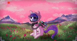 Size: 2600x1400 | Tagged: safe, artist:shepardinthesky, ponerpics import, oc, oc:nasapone, alien, astronaut, camera, camera shot, chromatic aberration, field, flower, oxygen mask, oxygen tank, recording, retro, rose, scan lines, scenery, solo, spacesuit