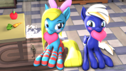 Size: 1920x1080 | Tagged: safe, artist:christian69229, derpibooru import, oc, oc only, oc:cuteamena, oc:electric blue, earth pony, pegasus, pony, 3d, apple, blushing, carrot, clothes, electricute, female, food, heart, hearts and hooves day, holiday, looking at you, male, mare, pegasus oc, shipping, sitting, socks, source filmmaker, stallion, striped socks, table, tongue out, valentine's day