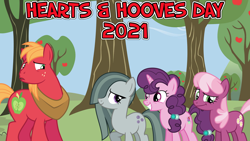 Size: 2064x1161 | Tagged: safe, artist:not-yet-a-brony, derpibooru import, big macintosh, cheerilee, marble pie, sugar belle, earth pony, pony, unicorn, 2021, awkward, female, friendship, friendshipping, hearts and hooves day, holiday, husband and wife, male, shipping, smiling, straight, sugarmac, sweet apple acres, uh oh, valentine's day, youtube link in the description