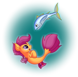 Size: 2077x2053 | Tagged: safe, artist:purplespacedragon, derpibooru import, scootaloo, fish, pegasus, pony, seapony (g4), clothes, dorsal fin, female, fin wings, fins, fish tail, looking at each other, open mouth, purple eyes, seaponified, seapony scootaloo, see-through, simple background, solo, species swap, tail, transparent background, tuna, underwater, water, wings