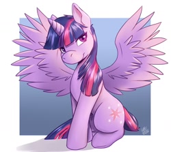 Size: 1400x1250 | Tagged: safe, artist:lou_art_93, derpibooru import, twilight sparkle, twilight sparkle (alicorn), alicorn, pony, female, gradient background, looking at you, looking sideways, passepartout, sitting, solo, spread wings, wings