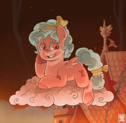 Size: 2048x1987 | Tagged: safe, artist:raph13th, derpibooru import, cozy glow, pegasus, pony, burning, cloud, commission, commissioner:reversalmushroom, evil, evil grin, female, filly, grin, implied fire, pure concentrated unfiltered evil of the utmost potency, pure unfiltered evil, small wings, smiling, solo, sparks, wings