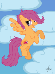 Size: 1024x1377 | Tagged: safe, artist:miesdo, derpibooru import, scootaloo, pegasus, pony, adult, cloud, cloudy, cute, cutealoo, cutie mark, eye contact, female, looking at each other, mare, older, older scootaloo, open mouth, sky, sky background, smiling