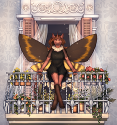 Size: 2825x3024 | Tagged: safe, artist:artmael sverr, derpibooru import, oc, oc only, oc:flechette, anthro, changeling, hybrid, moth, mothling, original species, anthro oc, balcony, changeling oc, clothes, dress, eyes closed, female, flower, moth wings, pot, red changeling, sitting, smiling, socks, solo, spread wings, wings