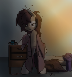 Size: 559x592 | Tagged: safe, artist:davierockt, derpibooru import, oc, oc:longfolia, bed, bed hair, bedsheets, belly button, clothes, dishevelled, dresser, looking at you, male, one eye closed, robe, sleepy, solo