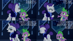 Size: 1986x1117 | Tagged: safe, derpibooru import, edit, edited screencap, screencap, rarity, spike, dragon, pony, unicorn, the cutie re-mark, backpack, duo, eyes closed, female, glowing horn, gritted teeth, horn, magic, magic aura, male, open mouth, puppy dog eyes, rarity is not amused, rejected, sad, surprised, teeth, unamused, walking