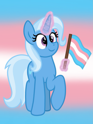 Size: 899x1200 | Tagged: safe, artist:froyo15sugarblast, derpibooru import, trixie, pony, unicorn, female, gradient background, headcanon, lgbt headcanon, magic, magic aura, male to female, pride, pride flag, raised hoof, raised leg, solo, trans female, trans trixie, transgender, transgender pride flag