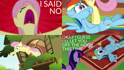 Size: 1986x1117 | Tagged: safe, derpibooru import, edit, edited screencap, editor:quoterific, screencap, fluttershy, rainbow dash, twilight sparkle, unicorn twilight, butterfly, pegasus, pony, unicorn, dragon quest, derp, duo, duo female, eyes closed, female, injured, open mouth, scared, solo, yelling