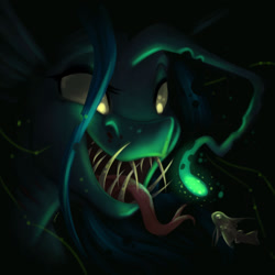 Size: 1920x1920 | Tagged: safe, artist:faline-art, derpibooru import, queen chrysalis, angler fish, changeling, changeling queen, fish, pony, seapony (g4), bioluminescent, bubble, dark, evil grin, fangs, female, glow, glowing eyes, grin, menacing, ocean, open mouth, seaponified, signature, smiling, solo, species swap, teeth, tongue out, underwater, water