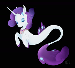 Size: 1854x1693 | Tagged: safe, artist:batdanza, derpibooru import, rarity, pony, seapony (g4), unicorn, black background, blue eyes, colored pupils, diamond, dorsal fin, female, fins, fish tail, flowing mane, flowing tail, horn, jewelry, lidded eyes, looking at you, necklace, seaponified, seapony rarity, signature, simple background, smiling, smiling at you, solo, species swap, tail