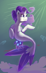 Size: 1950x3075 | Tagged: safe, artist:double-zr-tap, derpibooru import, rarity, jellyfish, pony, seapony (g4), unicorn, blue eyes, crepuscular rays, dorsal fin, female, fish tail, flowing mane, flowing tail, glow, horn, ocean, seaponified, seapony rarity, shadow, smiling, solo, species swap, sunlight, swimming, tail, underwater, water