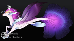 Size: 3288x1824 | Tagged: safe, artist:phoeberia, derpibooru import, queen novo, seapony (g4), my little pony: the movie, bioluminescent, black background, clothes, colored pupils, crown, dorsal fin, female, fins, fish tail, flowing tail, glow, jewelry, lidded eyes, logo, long tail, purple eyes, purple wings, queen, regalia, see-through, simple background, smiling, solo, swimming, tail, wings