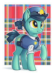 Size: 900x1200 | Tagged: safe, artist:shydale, leigh stride, earth pony, pony, spoiler:comic, spoiler:comic83, abstract background, butt freckles, cute, ear fluff, ears, female, freckles, golden eyes, mare, plaid background, police, police badge, police hat, police pony, police uniform, rolled up sleeves, smiling, solo, white outline