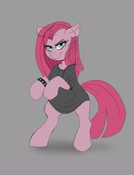 Size: 1575x2048 | Tagged: safe, artist:littlebibbo, pinkie pie, earth pony, pony, bipedal, bracelet, clothes, ears, female, floppy ears, gray background, grin, jewelry, looking at you, mare, oversized clothes, oversized shirt, pinkamena diane pie, shirt, simple background, smiling, solo