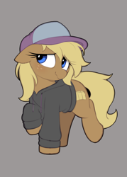 Size: 1116x1560 | Tagged: safe, artist:shinodage, ponerpics import, oc, oc only, oc:hay bale, earth pony, pony, cap, clothes, drawthread, ear down, freckles, gray background, hat, hoodie, simple background, solo