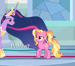 Size: 956x843 | Tagged: safe, derpibooru import, edit, edited screencap, editor:i-shooped-a-pwny, screencap, luster dawn, princess twilight 2.0, twilight sparkle, twilight sparkle (alicorn), alicorn, pony, unicorn, the last problem, confused, cropped, crown, duo, duo female, ethereal mane, faic, female, hoof shoes, horn, horn cap, indoors, jewelry, mare, meme, older, older twilight, problem, regalia, smiling, starry mane, teeth, tennis ball