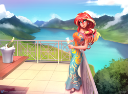 Size: 1834x1348 | Tagged: safe, artist:sugarlesspaints, derpibooru import, sunset shimmer, human, equestria girls, alcohol, balcony, bottle, breasts, champagne, champagne glass, champagne on ice, clothes, dress, ear piercing, earring, human coloration, jewelry, lake, looking at you, piercing, ring, scenery, smiling, solo, sunset jiggler, table, wine
