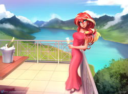 Size: 1834x1348 | Tagged: safe, alternate version, artist:sugarlesspaints, derpibooru import, sunset shimmer, human, equestria girls, alcohol, balcony, bottle, breasts, champagne, champagne glass, champagne on ice, clothes, dress, ear piercing, earring, evening gown, human coloration, jewelry, lake, looking at you, mountain, mountain range, piercing, ring, scenery, smiling, solo, sunset jiggler, table, wine