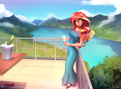 Size: 1834x1348 | Tagged: safe, alternate version, artist:sugarlesspaints, derpibooru import, sunset shimmer, human, equestria girls, alcohol, balcony, bottle, breasts, champagne, champagne glass, champagne on ice, clothes, dress, ear piercing, earring, evening gown, human coloration, jewelry, lake, looking at you, mountain, mountain range, piercing, ring, scenery, smiling, solo, sunset jiggler, table, teal dress, wine