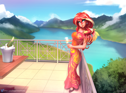 Size: 1834x1348 | Tagged: safe, alternate version, artist:sugarlesspaints, derpibooru import, sunset shimmer, human, equestria girls, alcohol, balcony, bottle, breasts, champagne, champagne bucket, champagne glass, champagne on ice, clothes, dress, ear piercing, earring, human coloration, jewelry, lake, looking at you, mountain, mountain range, piercing, ring, scenery, smiling, solo, sunset jiggler, table, wine