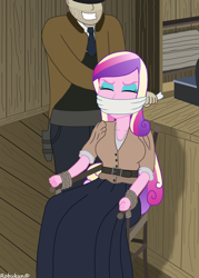 Size: 1280x1792 | Tagged: safe, artist:robukun, derpibooru import, dean cadance, princess cadance, equestria girls, belt, bondage, cloth gag, clothes, eyes closed, gag, gagging, long skirt, skirt, tied to chair, tied up