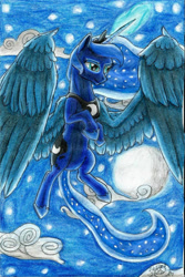 Size: 1095x1638 | Tagged: safe, artist:armorwing, derpibooru import, princess luna, alicorn, pony, cloud, female, flying, full moon, glowing horn, hoof shoes, horn, jewelry, mare, moon, night, solo, stars, tiara, traditional art
