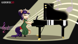 Size: 1920x1080 | Tagged: safe, artist:aldobronyjdc, derpibooru import, oc, oc:melody verve, pony, unicorn, digital art, female, music, music notes, musical instrument, piano, playing piano, simple background, singing, solo, solo female, spotlight