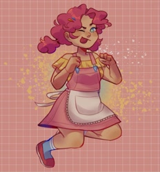 Size: 1551x1671 | Tagged: safe, artist:cinnavee, derpibooru import, pinkie pie, human, abstract background, apron, clothes, dress, female, humanized, one eye closed, shoes, solo, wink