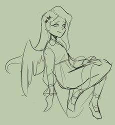 Size: 1080x1174 | Tagged: safe, artist:cinnavee, derpibooru import, fluttershy, human, clothes, dress, female, green background, humanized, lineart, monochrome, shoes, simple background, sitting, smiling, solo, winged humanization, wings