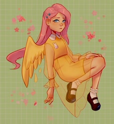 Size: 1440x1574 | Tagged: safe, artist:cinnavee, derpibooru import, fluttershy, human, abstract background, blushing, clothes, colored, cute, dress, female, humanized, shoes, shyabetes, sitting, solo, winged humanization, wings