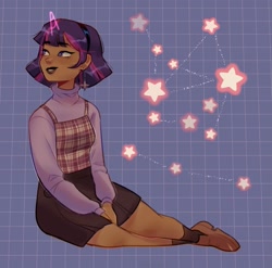 Size: 1645x1622 | Tagged: safe, artist:cinnavee, derpibooru import, twilight sparkle, human, abstract background, clothes, constellation, dark skin, ear piercing, female, hairband, horn, horned humanization, humanized, lipstick, piercing, shoes, skirt, smiling, solo