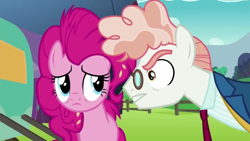 Size: 1280x720 | Tagged: safe, derpibooru import, screencap, pinkie pie, svengallop, earth pony, pony, the mane attraction, angry, clothes, eyelashes, female, frown, glasses, male, mare, necktie, outdoors, stallion