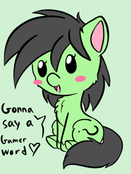 Size: 1536x2048 | Tagged: safe, artist:larrykitty, derpibooru import, oc, oc only, oc:anon filly, earth pony, pony, black mane, black tail, chest fluff, cute, dialogue, female, filly, gamer word, green background, green coat, heart, open mouth, simple background, sitting, solo, speech bubble, unshorn fetlocks