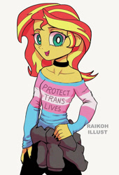 Size: 600x881 | Tagged: safe, artist:raikoh, derpibooru import, sunset shimmer, equestria girls, bare shoulders, clothes, collar, hand on hip, jacket, lgbt, mouthpiece, patreon, pride, pride flag, sweater, trans rights, transgender pride flag