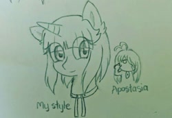 Size: 1080x744 | Tagged: safe, artist:aleuoliver, derpibooru import, oc, oc only, human, pony, unicorn, bust, duo, eye clipping through hair, horn, peace sign, style emulation, traditional art, unicorn oc