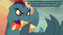 Size: 1280x720 | Tagged: safe, derpibooru import, edit, edited screencap, screencap, dragon lord torch, princess ember, dragon, gauntlet of fire, dialogue, dragoness, duo, father and child, father and daughter, female, male, parent and child, text