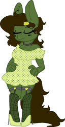 Size: 731x1428 | Tagged: safe, artist:nootaz, derpibooru import, oc, oc:green ganache, anthro, unguligrade anthro, anthro oc, choker, clothes, commission, dress, eyes closed, female, garters, hairpin, high heels, mare, milf, rule 63, shoes, solo, stockings, thigh highs, whiskers