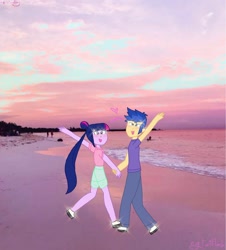 Size: 2166x2400 | Tagged: safe, artist:egtwiflash, derpibooru import, flash sentry, twilight sparkle, human, equestria girls, aesthetics, beach, clothes, couple, female, full body, fun, happy, holding hands, male, running, shoes, straight