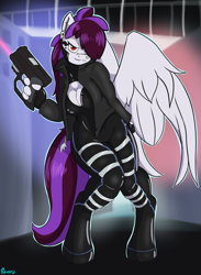 Size: 1650x2250 | Tagged: safe, artist:edgarkingmaker, derpibooru import, anthro, pegasus, unguligrade anthro, bodysuit, boob window, breasts, cleavage, clothes, cyberpunk, ear piercing, earring, gun, handgun, jacket, jewelry, latex, latex suit, nose piercing, nose ring, piercing, pistol, science fiction, weapon