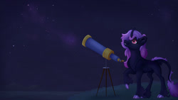 Size: 1280x720 | Tagged: safe, artist:isorrayi, derpibooru import, oc, classical unicorn, pony, unicorn, cloven hooves, female, leonine tail, mare, night, solo, telescope, unshorn fetlocks